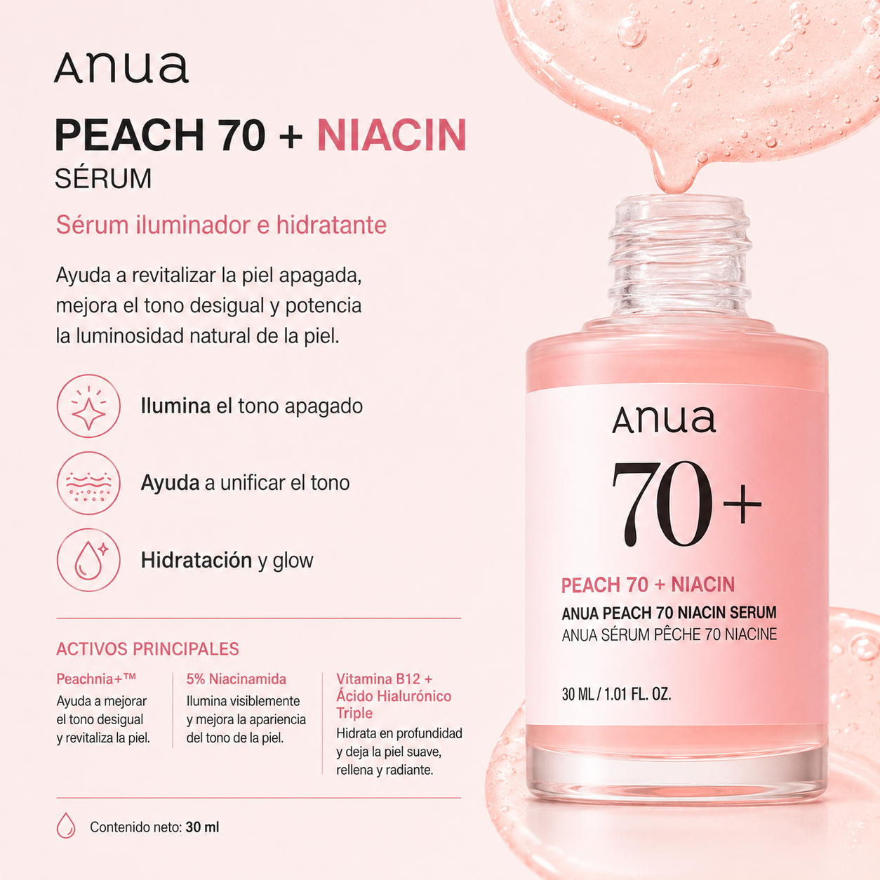 ANUA - Peach 70% Niacinamide Serum 30 ML | Suero Luminosidad Y Brillo