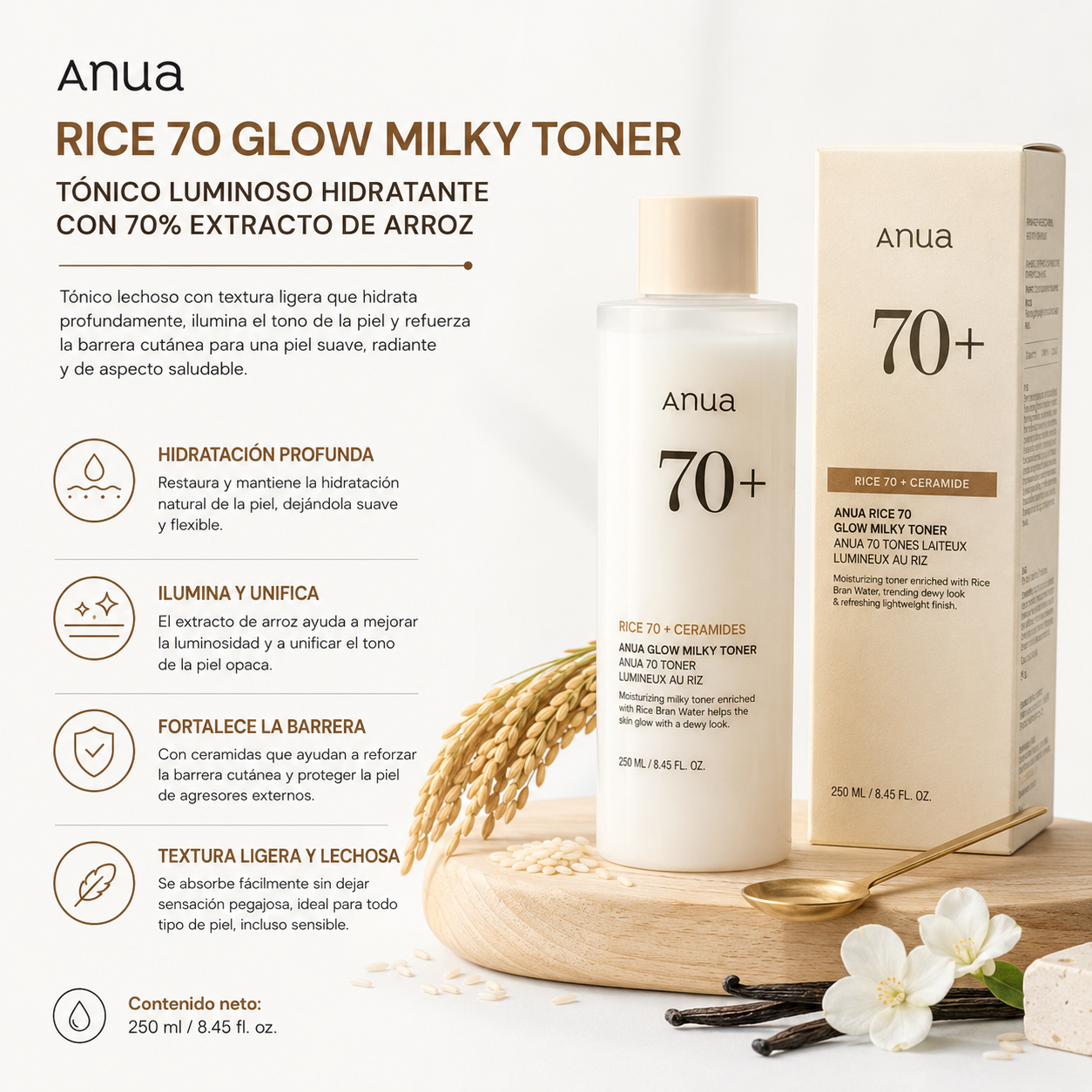 ANUA - Rice 70 + Ceramide Glow milky Toner | 250 ml