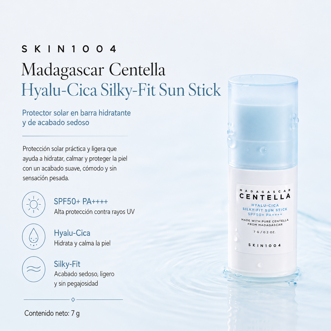 SKIN1004 - Madagascar Centella Hyalu-Cica Silky-Fit Sun Stick SPF50+ PA++++ | Protector Solar en Barra Hidratante 7 g