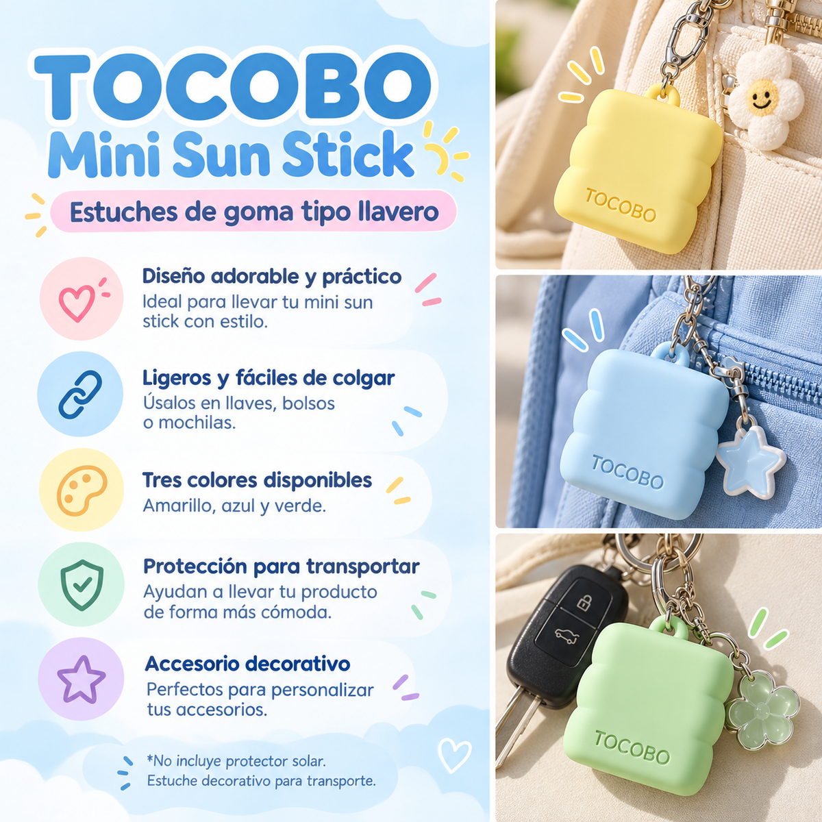 TOCOBO – Mini Sun Stick Key Ring | Estuche Llavero para Protector Solar Mini – 3 Colores