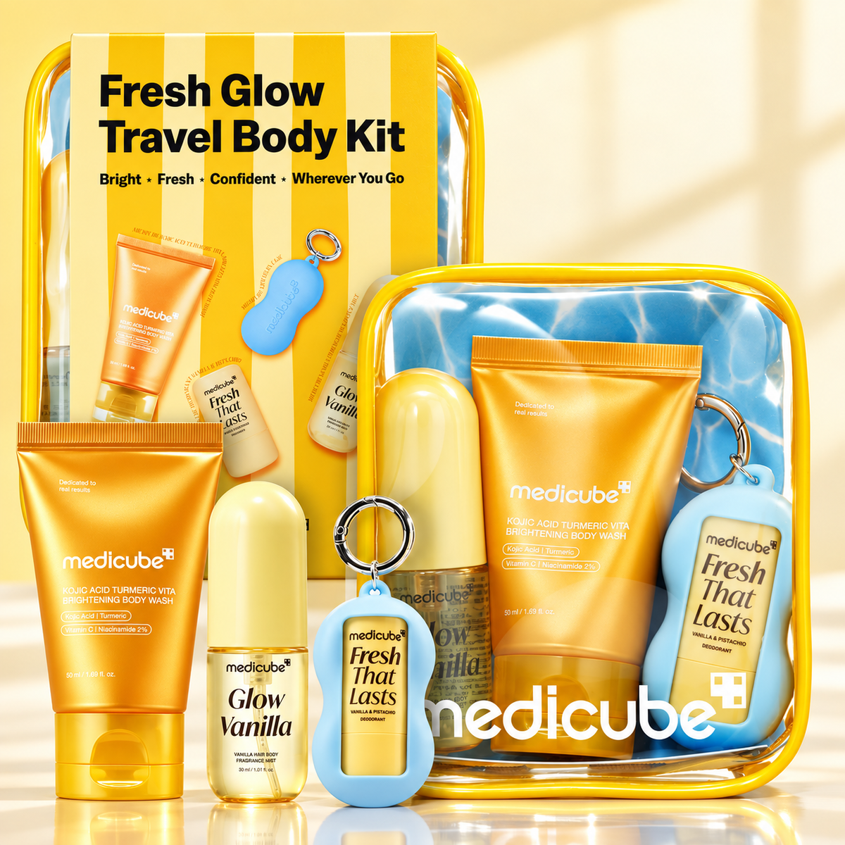 MEDICUBE – Fresh Glow Travel Body Kit | Kit Corporal de Viaje con Body Wash, Desodorante y Bruma