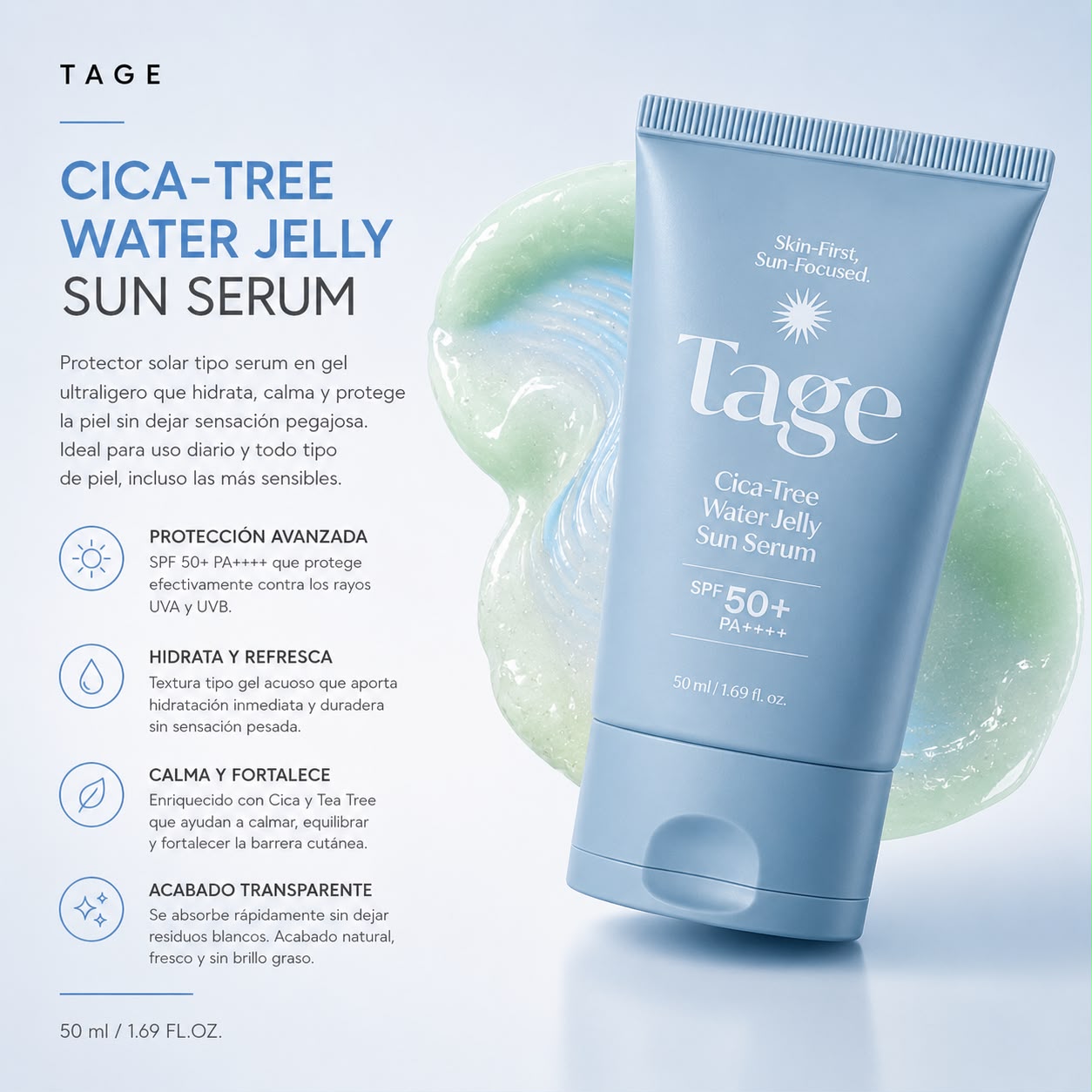 TAGE – Cica-Tree Water Jelly Serum SPF50+ PA++++ 50 ml – Protector Solar Hidratante y Calmante