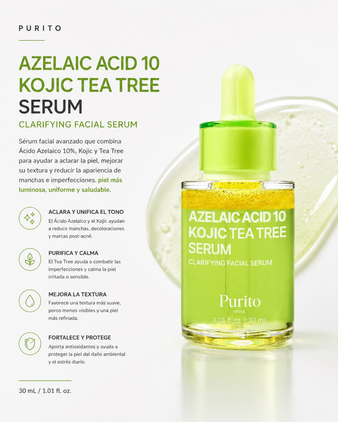 PURITO SEOUL – Azelaic 10 Kojic Azulene Serum 30 ml – Sérum Antimanchas y Calmante