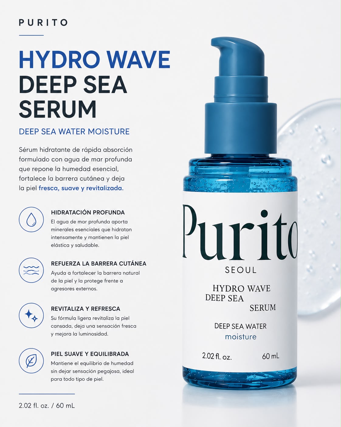 PURITO SEOUL – Hydro Wave Deep Sea Serum 60 ml – Sérum Hidratante de Agua Marina Profunda