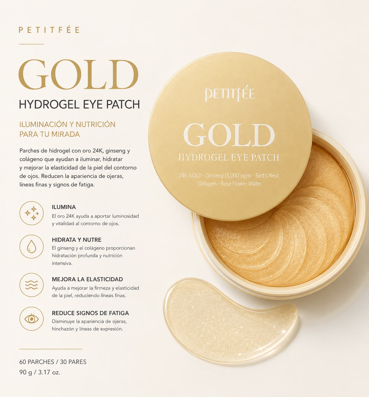 PETITFEE – Gold Hydrogel Eye Patch 60 Parches – Parches Reafirmantes e Hidratantes para Ojos
