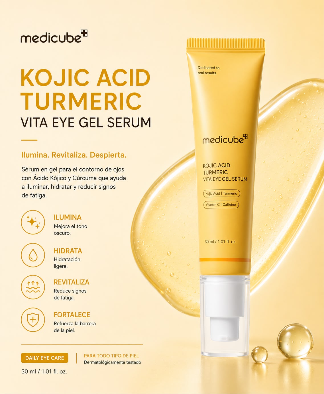 MEDICUBE – Kojic Acid Turmeric Eye Gel Serum 30 ml – Contorno de Ojos Iluminador Antimanchas